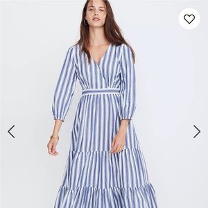 Madewell Ruffle-Sleeve Tiered Maxi Dress In Ava Strip Blue, White Size 4